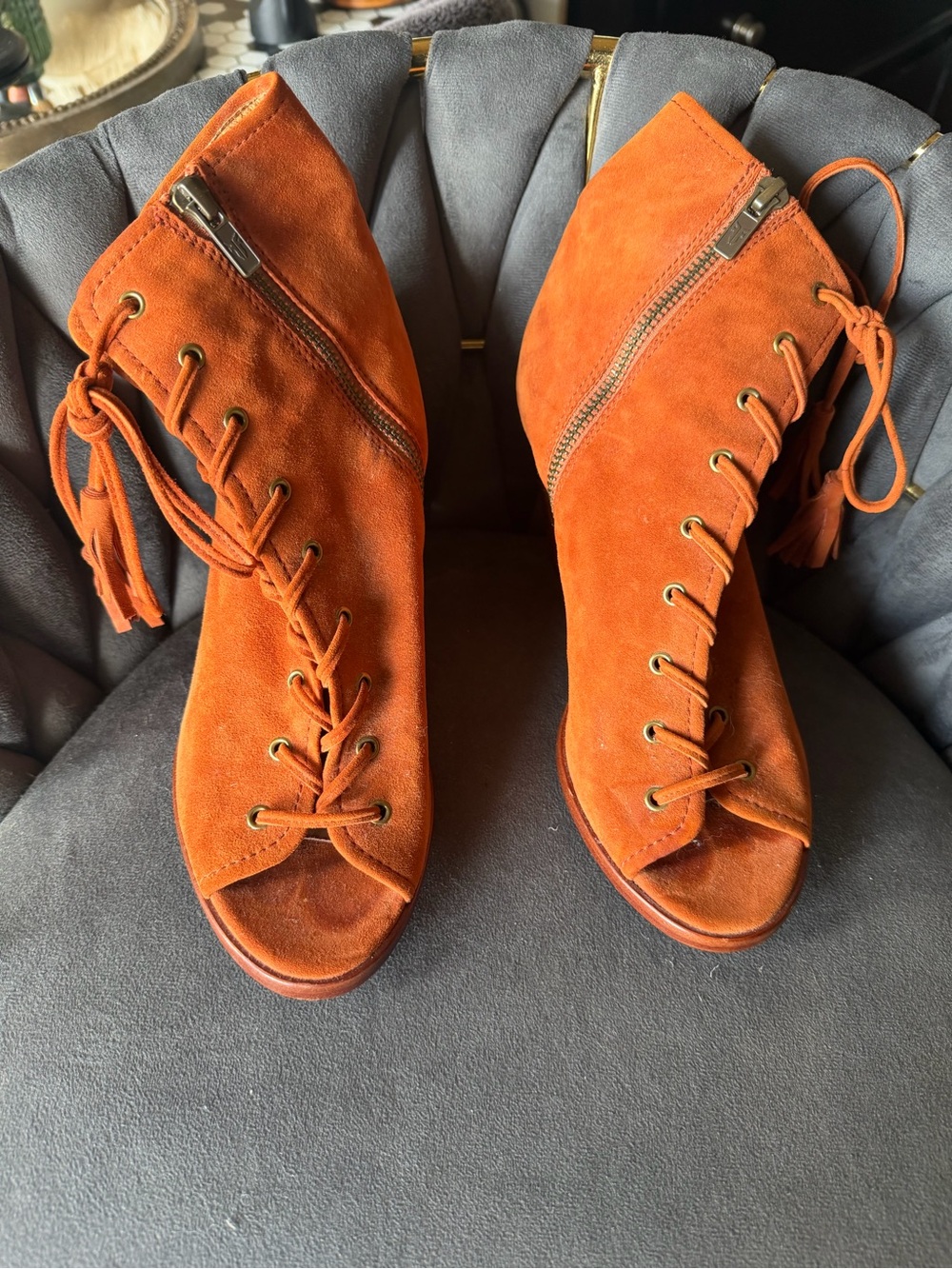 Frye size 7.5 Women's Orange Suede Lace-Up Peep-Toe Booties